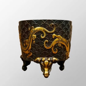 Vintage Chinese Gilt Gold Copper Chi Dragon 3 Legs Incense Burner