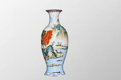 Vintage Chinese Copper Cloisonne & Enamel Mountain River Scene Design Vase