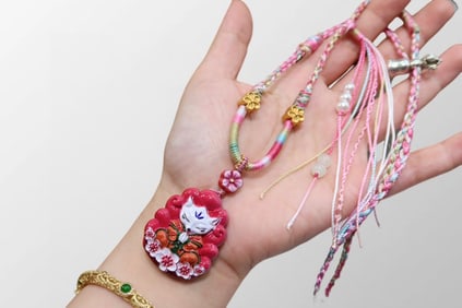 Chinese Hand Drawn Cinnabar Nine-tailed Fox Design Pendant