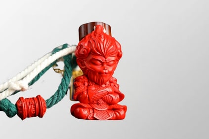 Chinese Natural Cinnabar Carved Great Sage Equal To Heaven Pendant