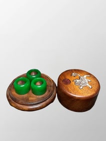 Vintage Chinese Green Jade Thumb Ring w Huali Wood Inlay Shell Box