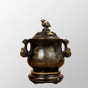 Vintage Chinese Copper Inlay Silver Wires Double Ears Incense Burner