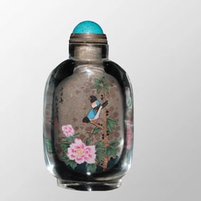 Old Chinese Peking Glass Inside Painting Flower Bird Design Snuff Bottle w Stopper