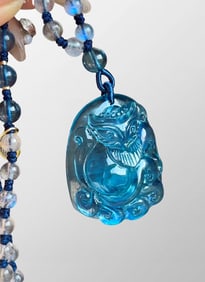 Beautiful Natural Aquamarine Carved Nine-tailed Fox Pendant