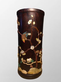 Vintage Chinese Zitan Wood Inlay Shell & Shoushan Stone Plum Flower & Magpie Design Brush Pot