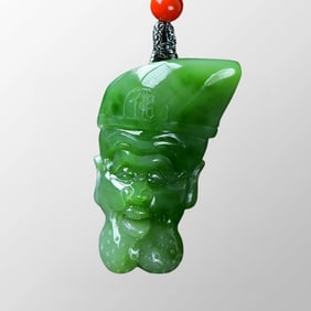 Chinese Natural Green Hetian Jade Carved Jigong Pendant
