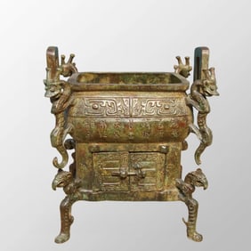 Vintage Chinese Bronze High Relief Fortune Dragon Incense Burner - Ding