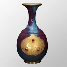 Old Chinese Inlaying Gold Edge Variable Glaze Jun Kiln Porcelain Vase