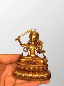 Vintage Tibetan Buddhism Gilt Gold Bronze Manjushri Bodhisattva Statue