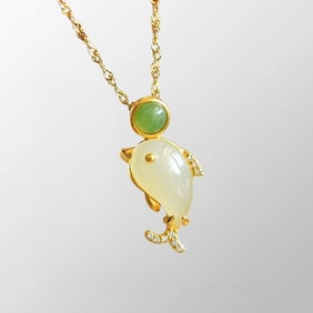 Chinese 925 Silver Inlay Green Hetian Jade & White Hetian Jade Dolphin Design Pendant
