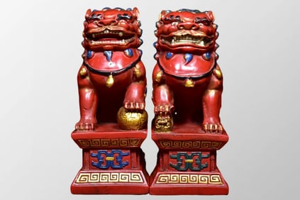 A Pair Vintage Chinese Gilt Gold Wooden-cored Lacquerware Fortune Lion Statue