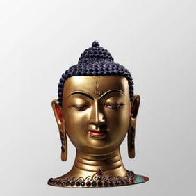 Vintage Gilt Gold Copper Inlay Gem Buddha Head Statue