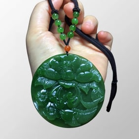 Chinese Natural Green Hetian Jade Carved Lotus Flower & Carp Pendant