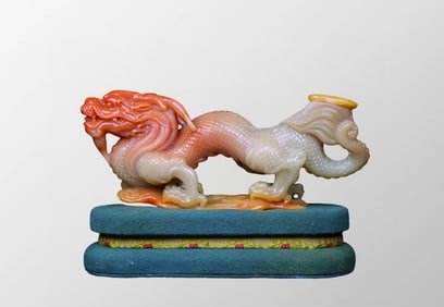 Vintage Chinese Shoushan Stone Carved Fortune Dragon Statue w Box