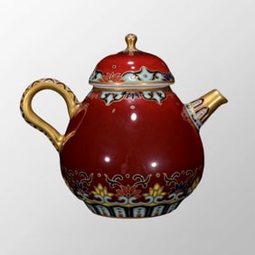 Chinese Gilt Gold Red Glaze Famille Rose Porcelain Teadpot