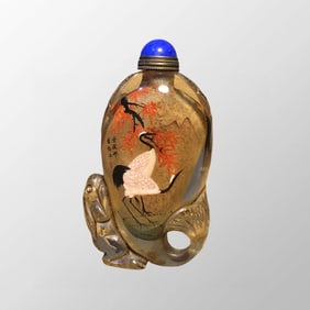 Old Chinese Peking Glass Inside Painting Crane Design Snuff Bottle w Stopper