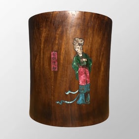 Old Chinese Huali Wood Inlay Shell Beautiful Woman Brush Pot/Painting Pot
