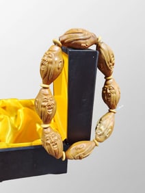 Natural Olive Nut Carved Longevity Taoism Deity Beads Bracelet