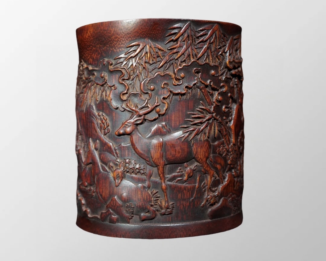 Chinese Bamboo Low Relief Pine Tree & Deer Design Brush Pot (1 of 10)