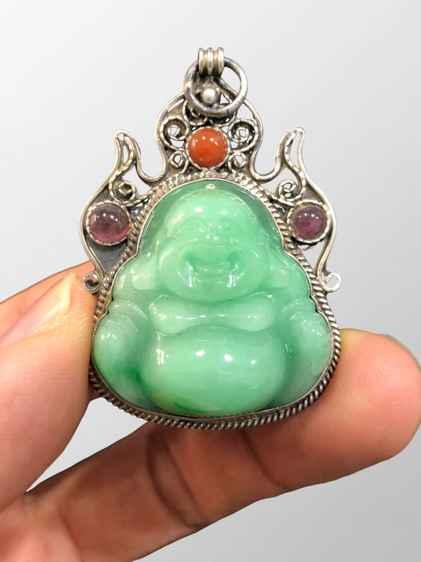 Chinese Pure Silver Inlay Green Jadeite & Gem Laughing Buddha Pendant (1 of 7)