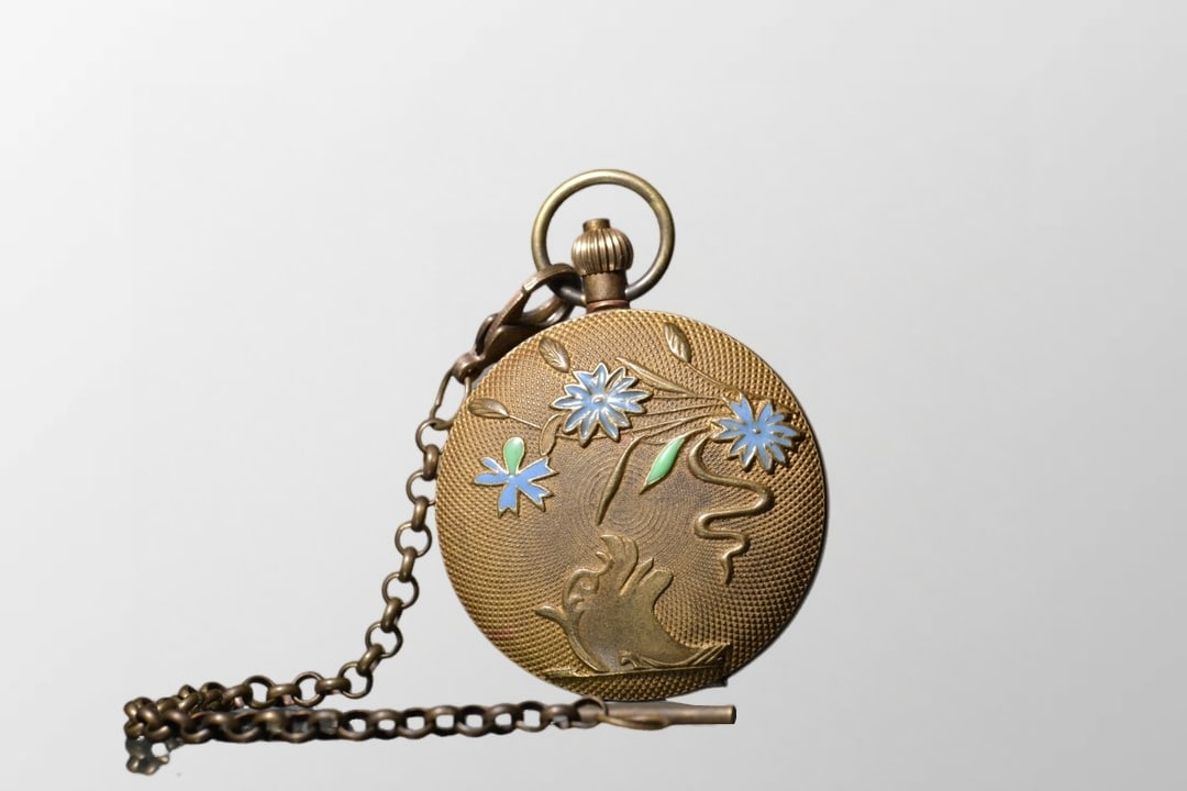 Vintage Brass Enamel Flower Design Pocket Watch (1 of 10)