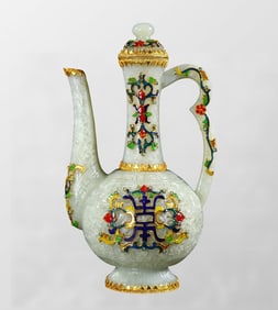 Exquisite Chinese Qing Dynasty Inlaying Gold Edge Enamel White Hetian Jade Wine Pot