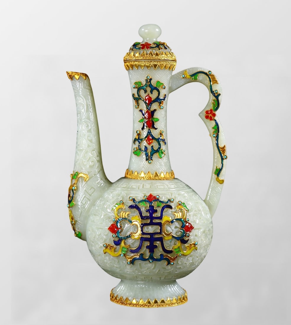 Exquisite Chinese Qing Dynasty Inlaying Gold Edge Enamel White Hetian Jade Wine Pot