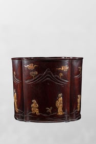 Chinese Huanghuali Wood Inlay Bone Carved Confucius & Student Design Brush Pot