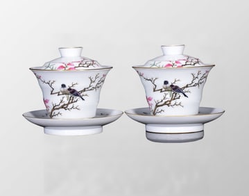 A Pair Chinese Qing Dynasty Gilt Edge Famille Rose Plum Flower & Magpie Design Porcelain Teabowl