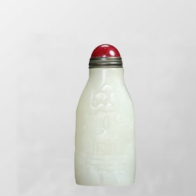 Chinese Natural Hetian Jade Snuff Bottle w Red Agate Stopper