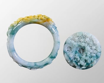 Inside Diameter 60.5mm Natural Jadeite High Relief Flowers Design Bracelet w Peony Pendant