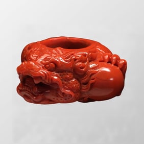 Chinese Natural Nanhong Agate Carved Fortune Dragon Thumb Ring