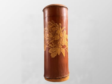 Vintage Chinese Bamboo Carved Peony Design Tea Caddy