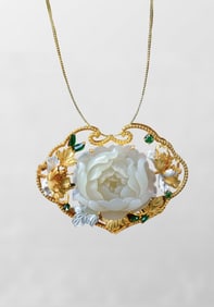 Beautiful Chinese Gilt Gold Copper Inlay Hetian Jade Peony Brooch/Pendant
