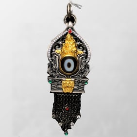 Tibetan Gilt Gold 925 Silver Inlay Sky Eyes DZI Agate Yellow Jambhal Pendant