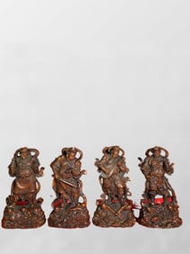 Vintage Chinese Boxwood Wood Carved The Four Heavenly Kings Statue