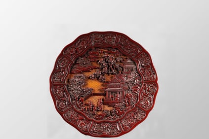 Vintage Chinese Red Lacquerware Low Relief Sages Meeting Design Plate