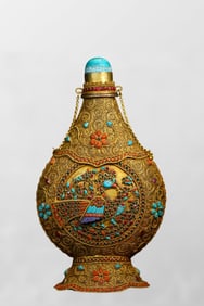 Vintage Chinese Gilt Gold Bronze Inlay Turquoise & Gems Big Snuff Bottle