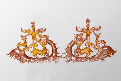 A Pair Vintage Chinese Hetian Jade Carved Phoenix & Deer Statues