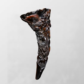 Vintage Ox Horn Carved Carp & Lotus Leaf & Lotus Flower Statue