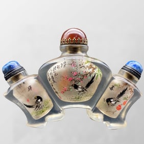 Chinese Peking Glass Inside Painting Plum Flower & Magpie Design Conjoined Snuff Bottle w Stopper