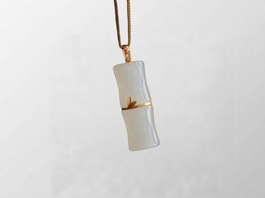 Chinese 18K Gold Inaly Hetian Jade Fortune Bamboo Pendant w Necklace