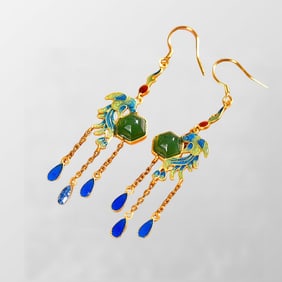 A Pair Chinese Gilt Gold 925 Silver Enamel Inaly Green Hetian Jade Earring