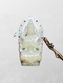 Chinese Hetian Jade Inlay Gems Carved Kwan-yin Pendant