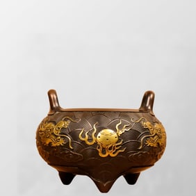 Vintage Chinese Gilt Gold Copper Fortune Dragon Design Incense Burner