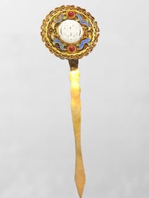Exquisite Gold Wires Enamel Inlay Hetian Jade Hairpin