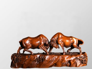Chinese Boxwood Wood Carved Fortune Ox Statue