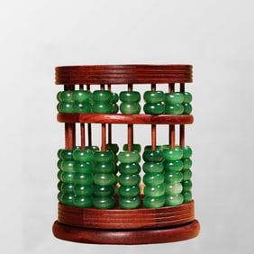 Vintage Wood Inlay Green Jade Abacus Brush Pot