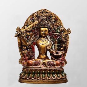 Vintage Tibetan Buddhism Gilt Gold Copper Colored Drawing Manjushri Bodhisattva Statue