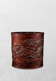 Chinese Huanghuali Wood Carved Pine Tree & Crane Design Brush Pot